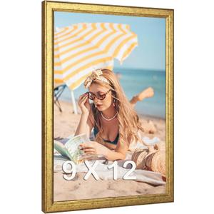 MOUDAMION Wood 9x12 Frame Gold, Ornate Natural 12x9in Poster Picture Frame, Modern Golden 9 x 12-inch Gallery Wall Photo Frame with HD Plexiglass, Horizontal Vertical Wall Mounting Display 1pcs