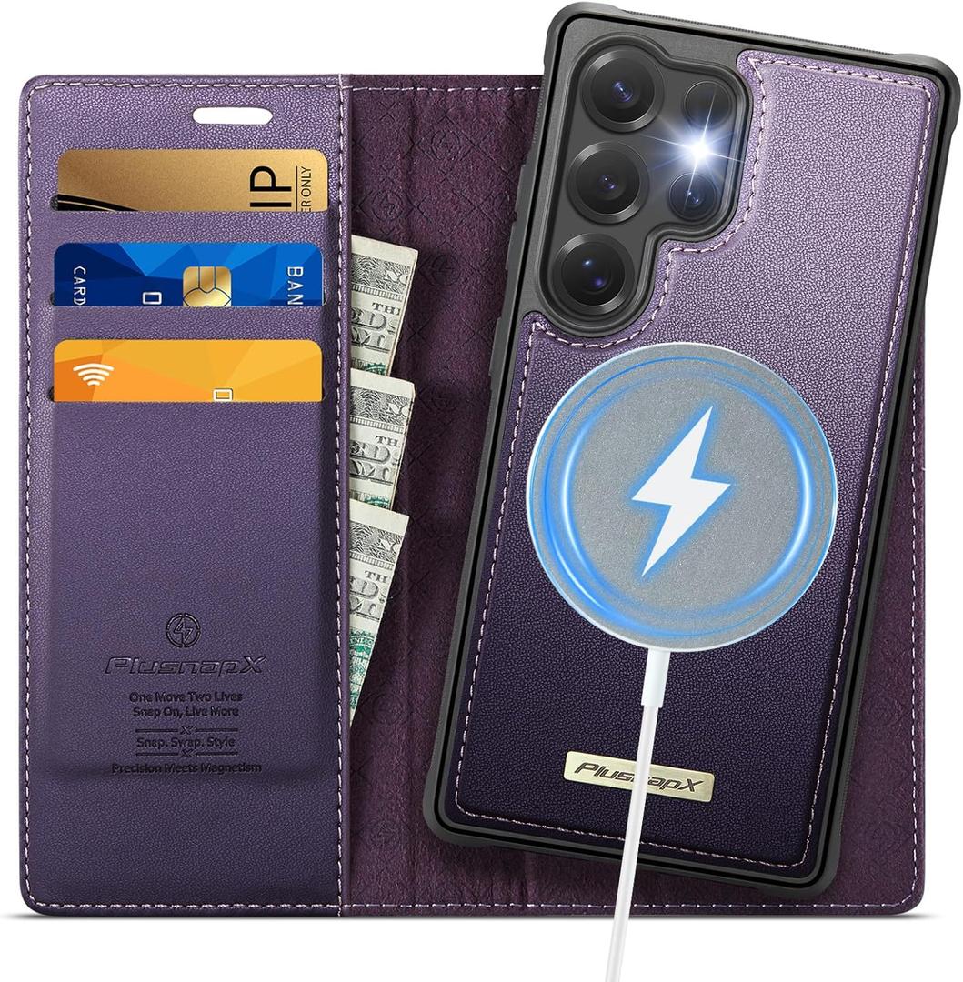 Wallet Case for Samsung Galaxy S25 Ultra Compatible with Magsafe, 2-in-1 PU Leather Flip RFID Blocking Card Holder Stand Shockproof Magnetic Detachable Cover for Galaxy S25 Ultra, Purple