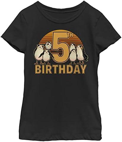 STAR WARS Last Jedi 5th Birthday with Porgs Girls Short Sleeve Tee Shirt, Medium