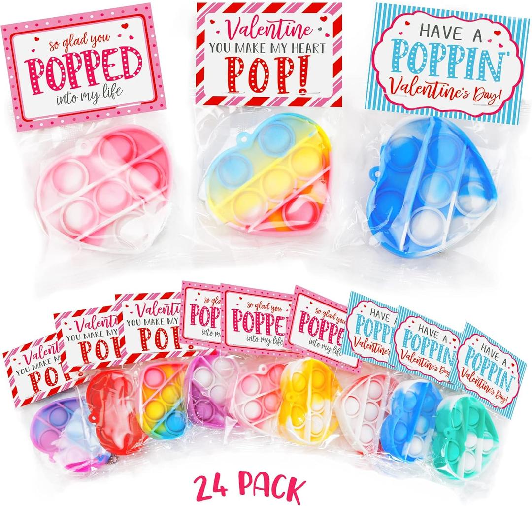 Valentines Day Gifts for Kids - Set of 24 Valentine Cards with Heart Pop Keychains - Bulk Fidget Toys for School Classroom Gift Exchange - Valentine's Day Party Favors for Toddlers Girls Boys