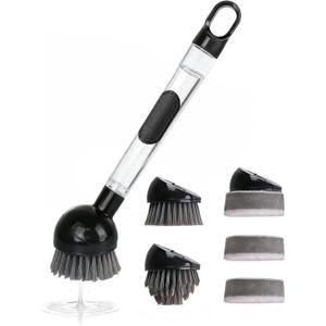 Soap Dispensing Dish Brush with Handle, 360 Rotating Head, 5-Piece Kitchen Cleaning Set (2 Brush Heads & 3 Sponges), Non-Scratch Scrubber for Pot, Pan, Sink, Leak-Proof Dishwand, Black