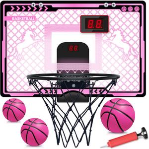 Basketball Hoop Indoor Kids Girls Pink - Mini Over The Door Basketball Hoops with Electronic Scoreboard Toys & 3 Balls, Unicorn Birthday Gifts Age 5 6 7 8 9 10 11 12 Year Old Girls