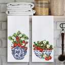 Chinoiserie Strawberry Kitchen Towels, Blue and White Porcelain Strawberry Dish Tea Towels, Grandmillennial Strawberries Fruit Hand Towel for Bathroom Kitchen, 16x24 Inch Set of 2