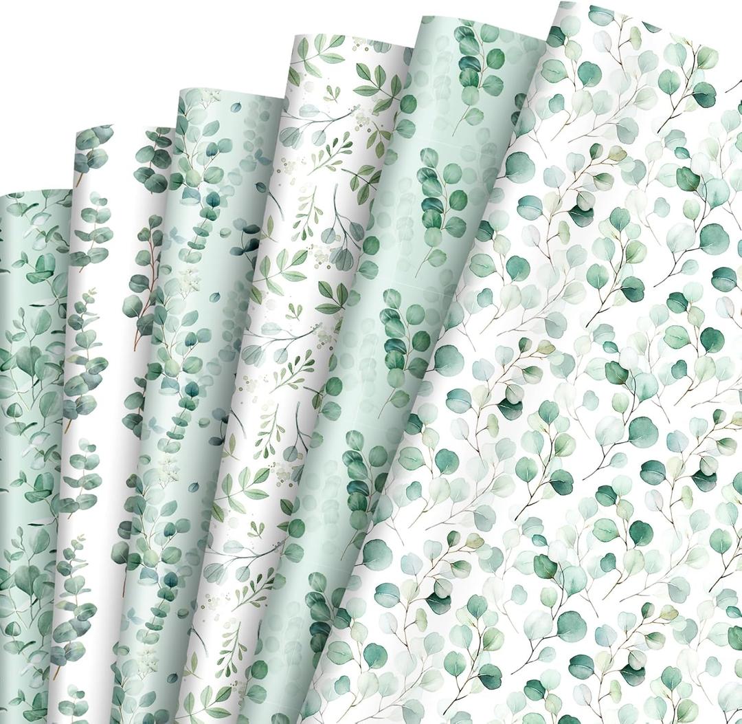 12 Sheet Eucalyptus Leaves Wrapping Paper Watercolor Greenery Elegant Gift Wrap Paper Bulk Botanical Decorative Craft Art Paper for Wedding Party DIY Wrapping Supplies, 19.7 x 27.6 inch
