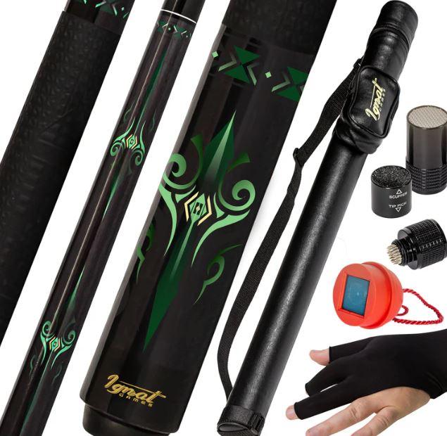 Ignatgames Carbon Fiber Pool Cue Stick 9.5mm Low Deflection Pool Stick Cue Stick Billiard Pool Cue Stick for Home Bars Pool Halls,Gray/Green 20oz