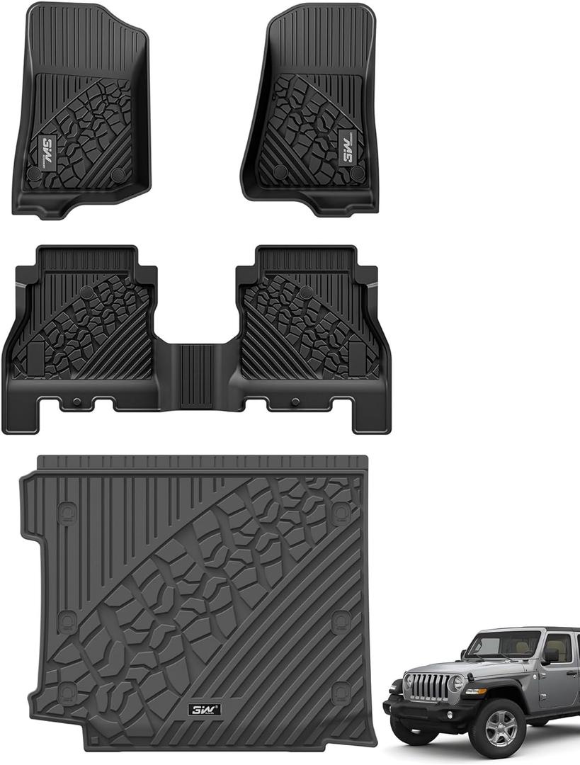 3W Floor Mats&Cargo Liner Compatible for Jeep Wrangler JL 2018-2025 2026 Unlimited 4-Door with Subwoofer (Non JK or 4XE) All-Weather TPE Floor Liner for 1st, 2nd Row and Trunk Full Set Car Mats, Black