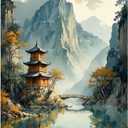 TAOPAOLAB Scenic Paint by Numbers Kit for Adults - DIY Mountain Pagoda and River Landscape Painting on Canvas 16x20In, Framed Acrylic Paint Set for Beginners, Art for Home Decoration or Gifts
