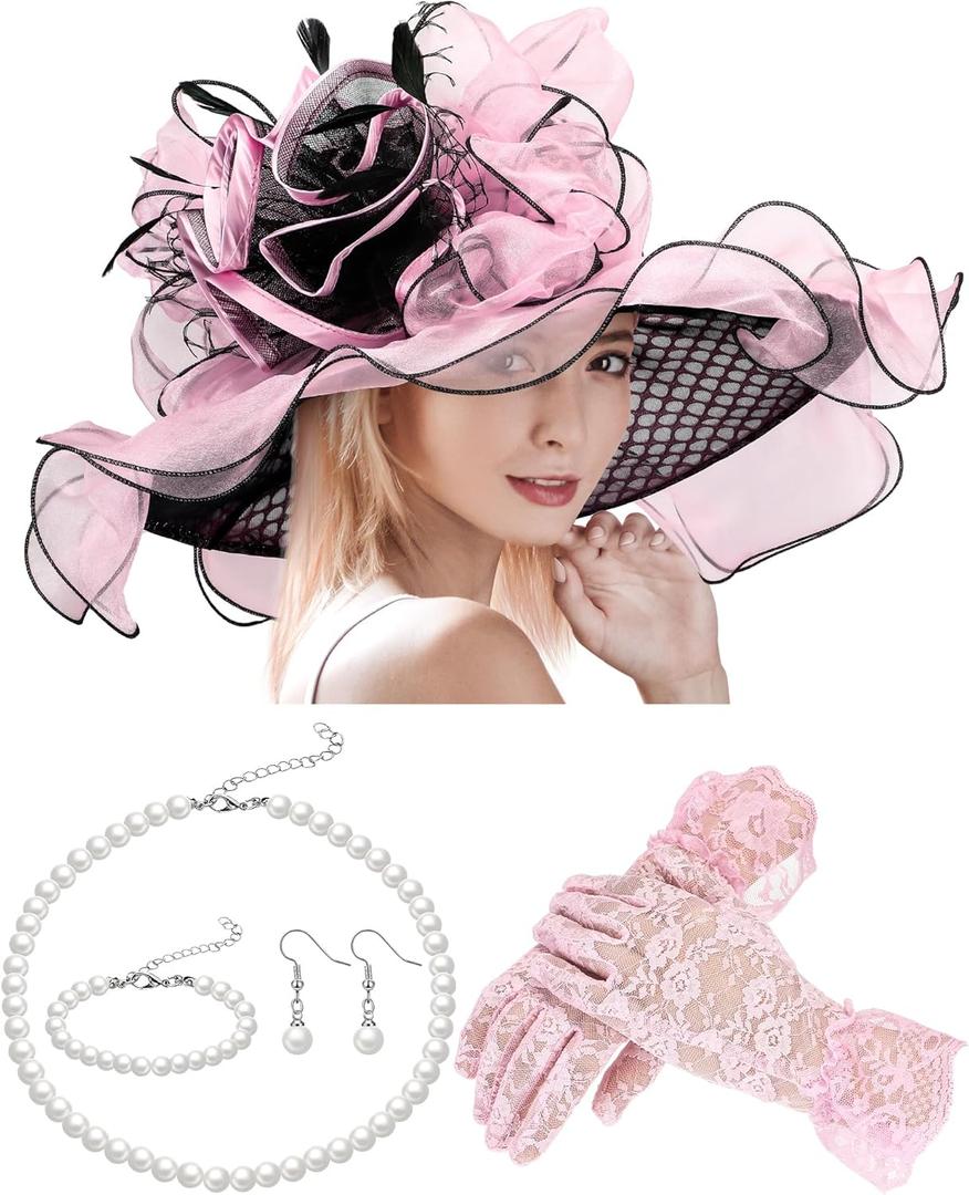 Derby Hat for Women 2026 Wide Brim Organza Sun Church Hat Set Feather Floral Fascinator for Tea Party Wedding Derby (Pink)