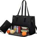 LOVEVOOK Lunch Tote Bag for Women, 15.6 Inch Laptop Bag with Insulated Lunch Compartment, Quilted Large Capacity Computer Handbag with Purse for Business, Work, Collage, Office, Casual, Jet Black
