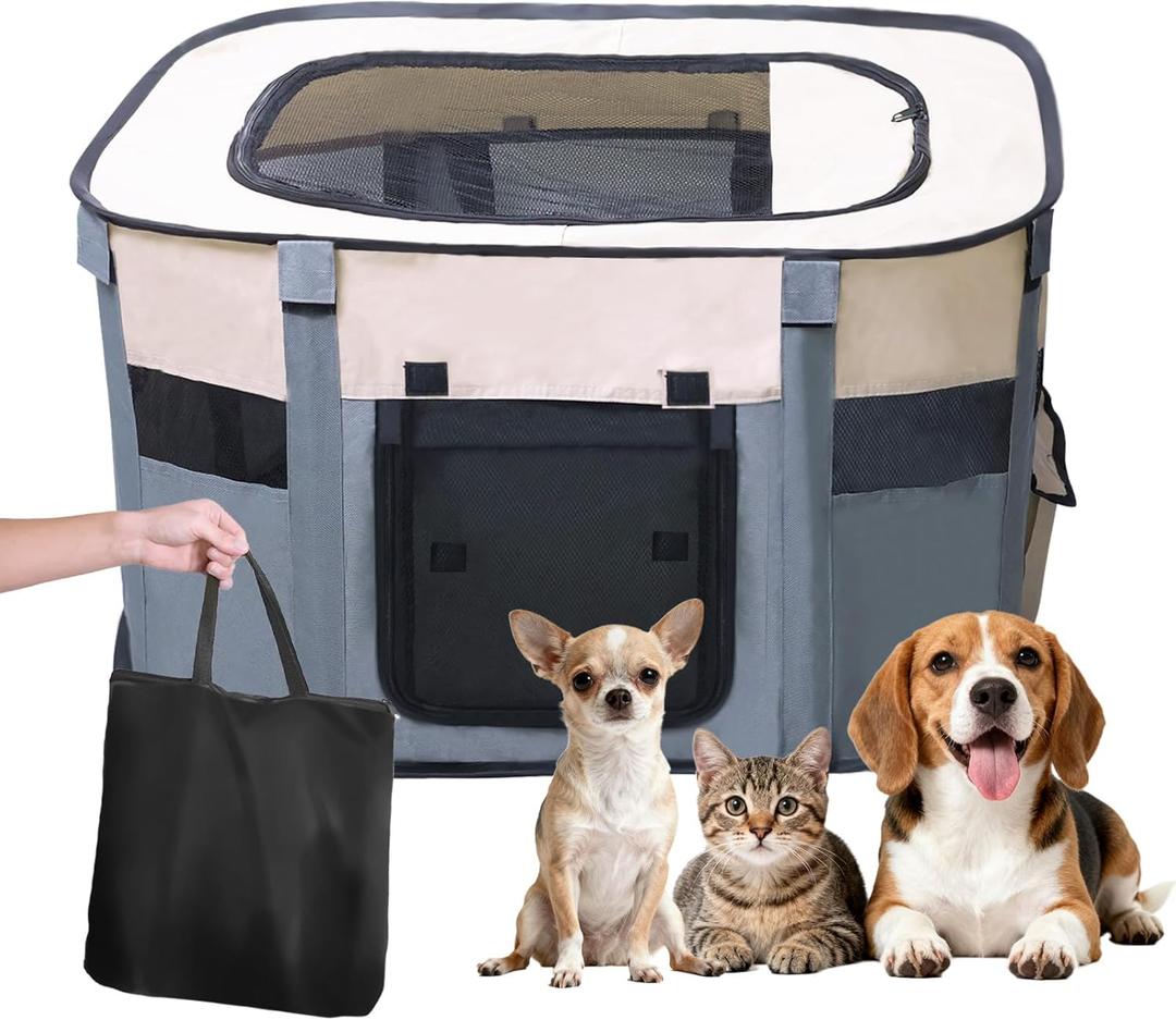 Dog Playpen Portable Cat Dog Playpen for Indoor & Outdoor Foldable Kennel Tent Crate,Water-Resistant Breathable Shade Cover, Dog Crate for Small Animals with Carrying Case (S(29" x 22" x 16"), Grey)