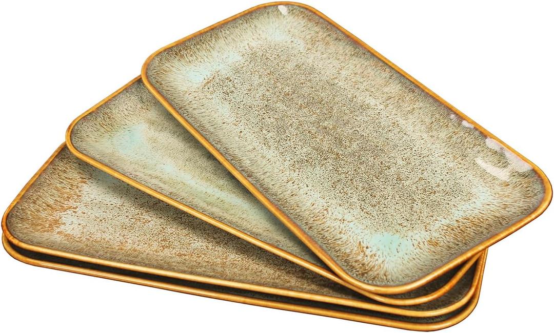 Ceramic Dinner Plates Dish Set, Set of 4, Microwave Oven and Dishwasher Safe,Scratch Resistant, Dinnerware Kitchen Porcelain Serving Dishes Brown glaze change, 12.4 Inch Rectangle plate (Rectangle Brown Reactive glaze)