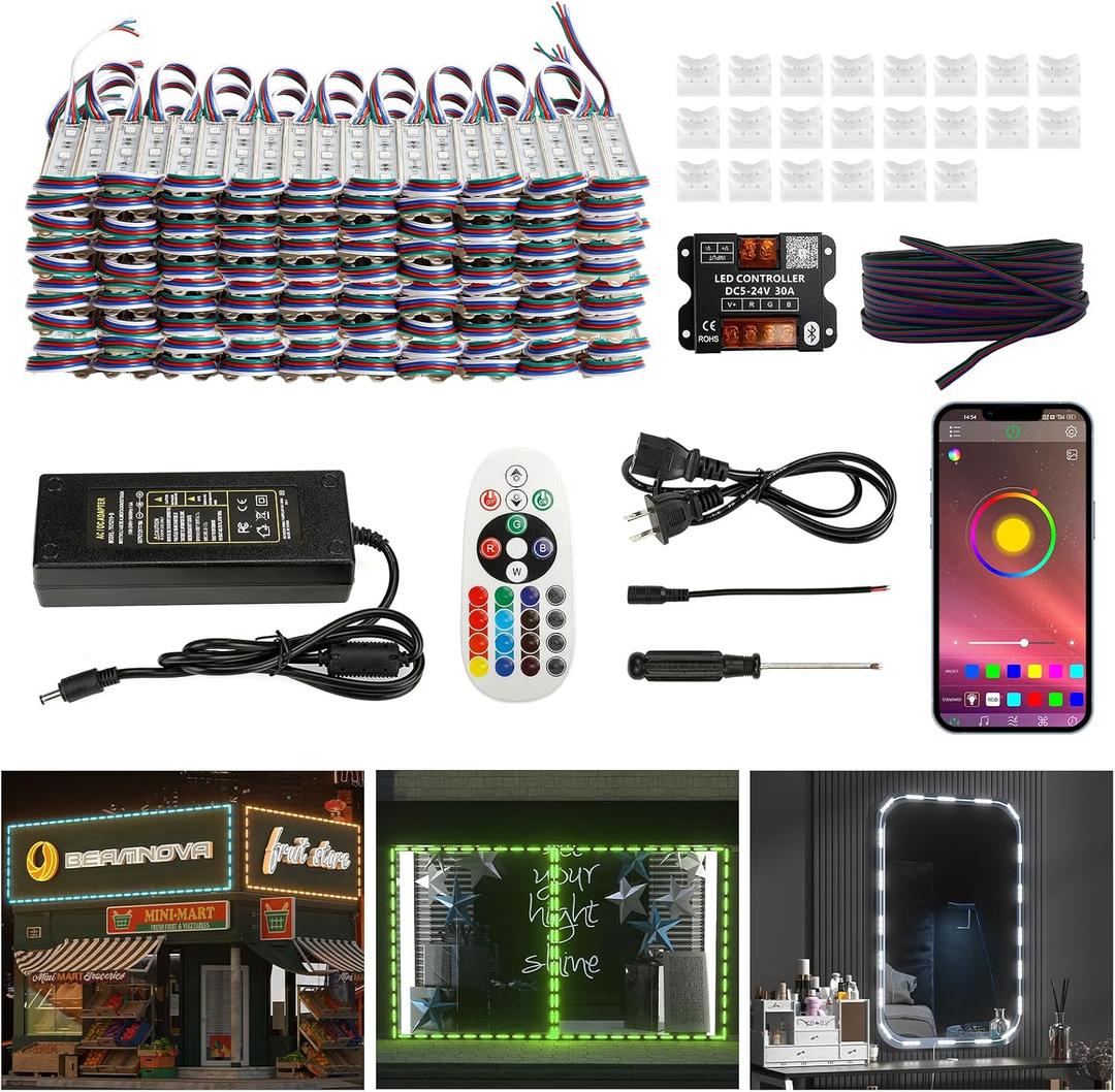 BEAMNOVA 100Ft RGB LED Storefront Lights for Business, Strip Lights Kit, Remote, Bluetooth Mobile App Control, DC 12V Power Supply, IP65 Waterproof Adhesive Modules, SMD 5050 Beads