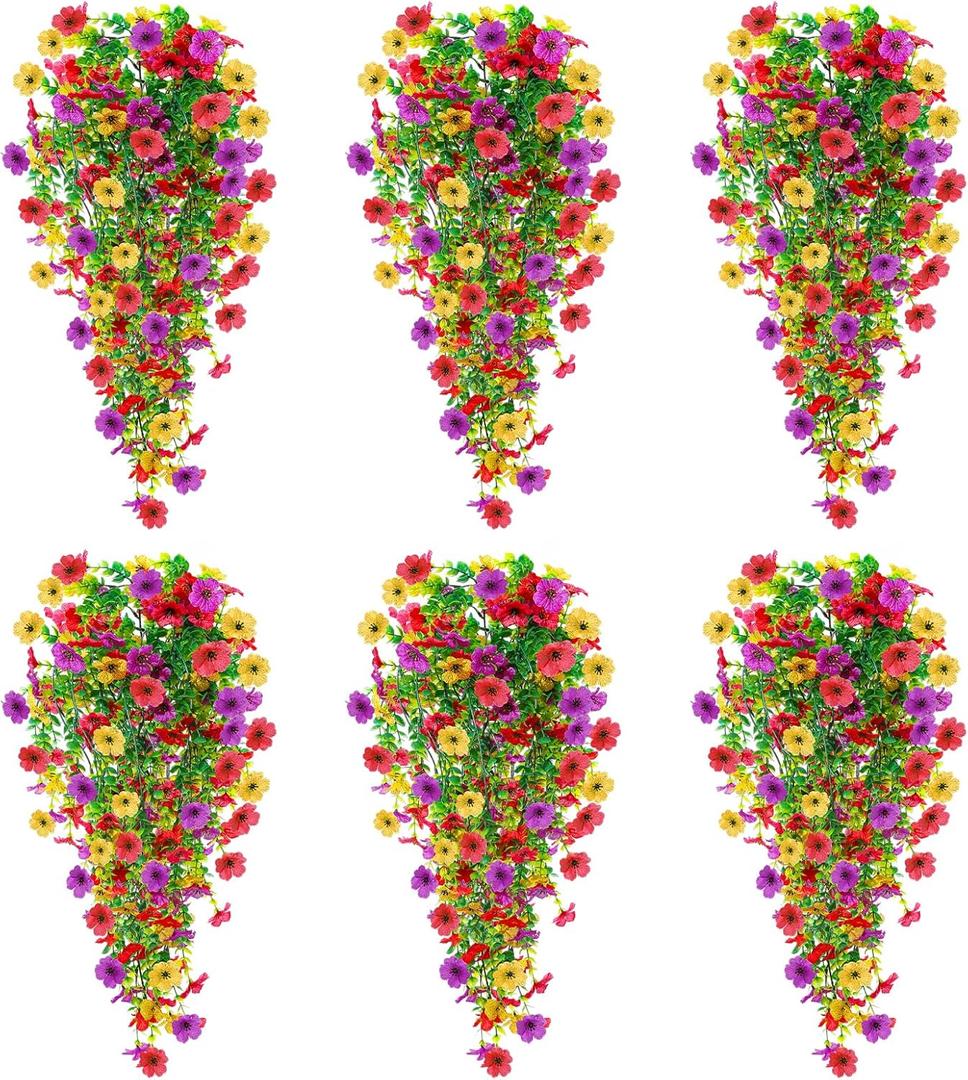 6 Pcs Artificial Flowers Outdoor Indoor, Faux Silk Daisy Bouquets with Multi-Color Bloom for Home Garden Porch Patio Decor, Spring Fake Plants for Window Box Table Centerpiece (Pink Red Purple Yellow)