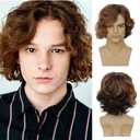 Mens Brown Curly Wig Short Fluffy Natural Side Part Synthetic Hair for Male Costume Daily Party Cosplay Halloween Use(Blonde Brown)
