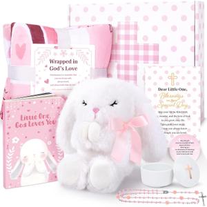 Baptism Gifts for Girl, Christening Gift Set for Baby Girls, Baby Dedication Gift, Includes Bunny Stuffed Animal, First Rosary Beads, Prayer Book, Keepsake Blanket, Catholic Baptism Gift Basket