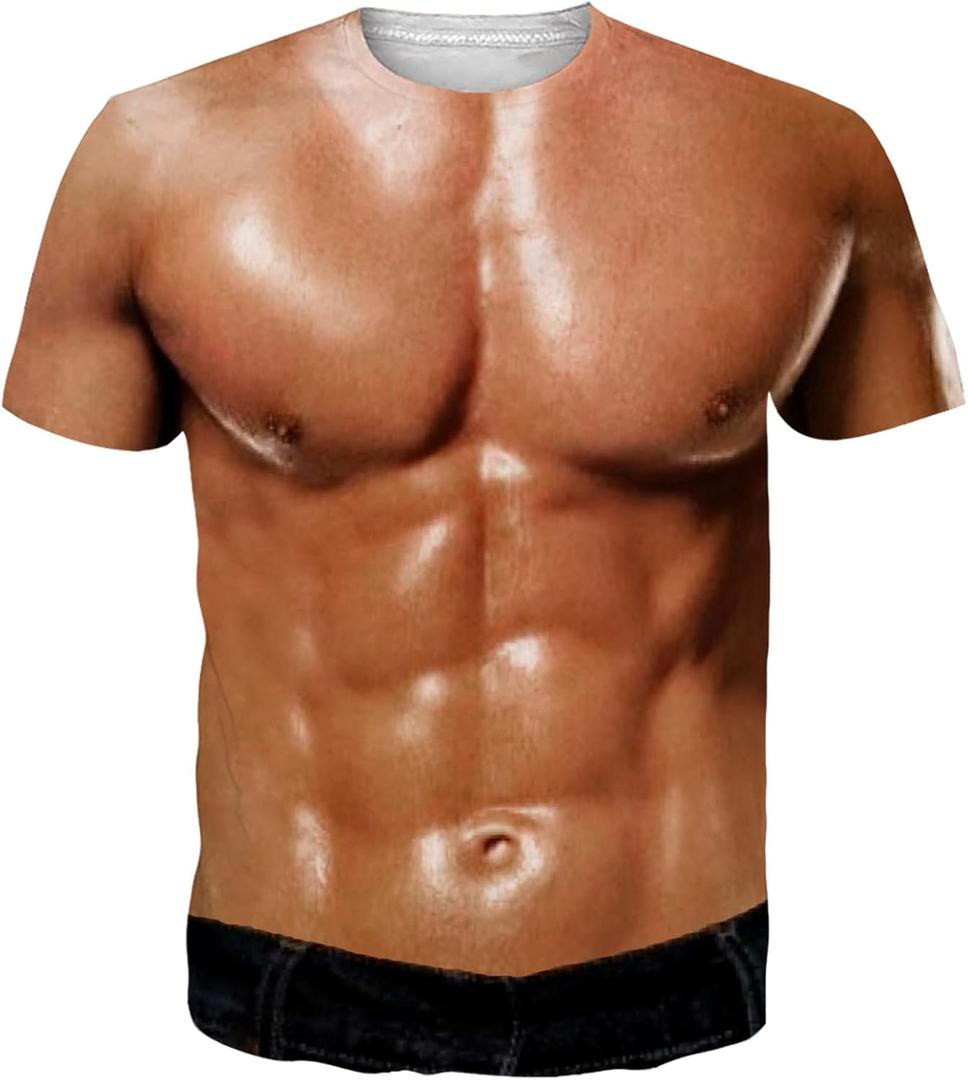 Goodstoworld Unisex 3D Fake Abs T Shirts Shredded Chest Printed Short Sleeve Costume Novelty Tees Shirt (L)
