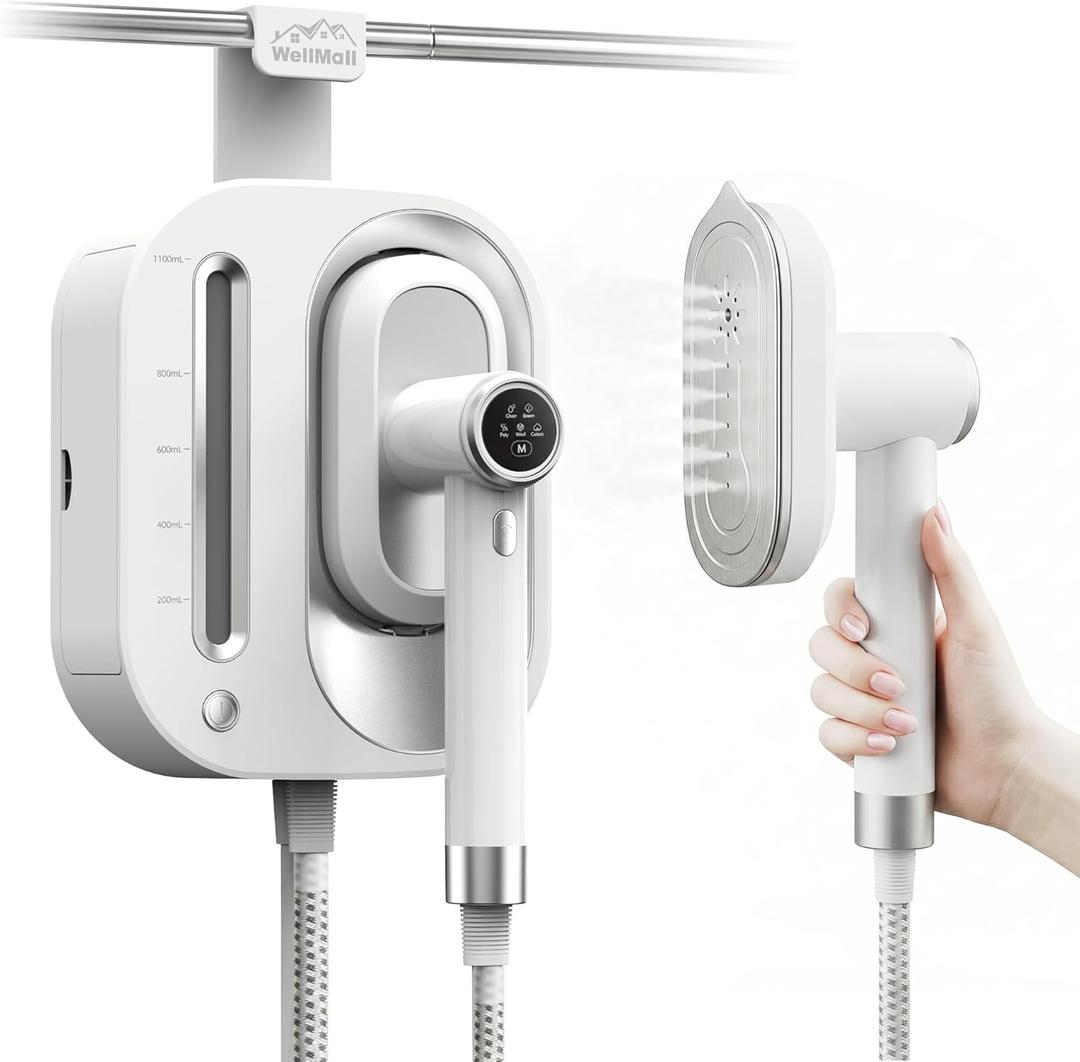 2 In 1 Steamer for Clothes:1550W Powerful Steamer with 1100ml Detachable Tank, 30s Fast Heat-Up, Horizontal & Vertical Use, Portable Wrinkle Remover for Clothes Drapes Bedding (White)