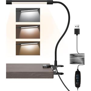 JHD LED Desk Lamp with Clamp - Adjustable 3 Color Modes 10 Brightness Level Table Lamp, USB Eye Caring Flexible Gooseneck Desk Light for Home Office, Dorm Room, Reading, Nail, Clip On Light, Black