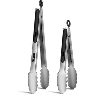 2 x Stainless Steel Tongs for Cooking, Heat Resistant 600 Degrees Metal Kitchen Tongs with Silicone Grip, Locking Tongs for BBQ, Grilling, Serving, Salad, Dishwasher, Set of 2(9" and 12")