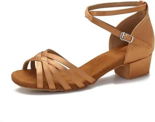Yokala Ballroom Latin Salsa Dance Shoes Women Low Heel Practice Dancing Sandals for Social Dance Beginner S04 (8.5,Tan-1.5 Inch Heel)