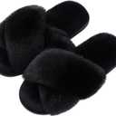 Evshine Women's Fuzzy Slippers Cross Band Memory Foam House Slippers Open Toe (7-8, Black)