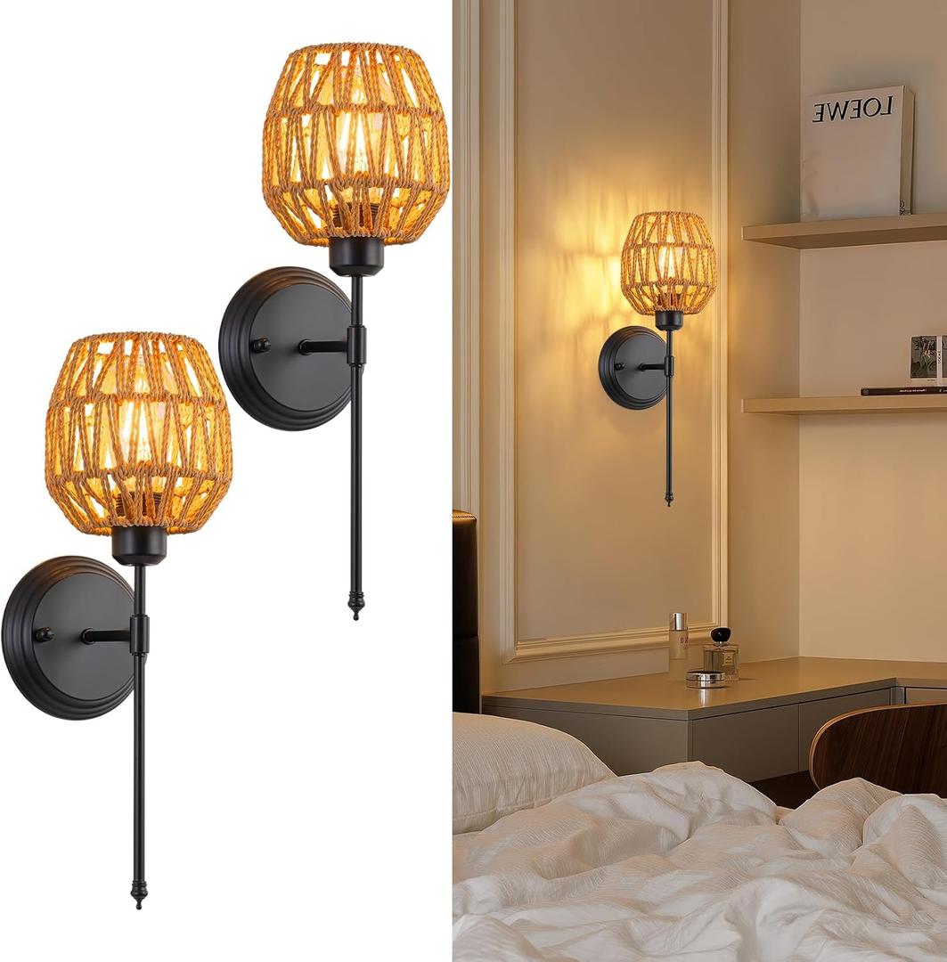 2 Pack Sconces Wall Lighting Rattan Wall Sconce Hardwired Hand Woven Wall Lamps for Living Room Bedroom Nursery Room, E26 (Bulbs Not Included) (rattan)