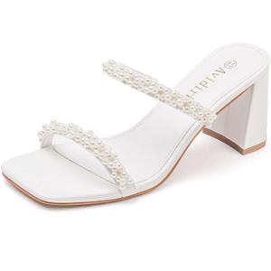 Women's Square Open Toe Heeled Sandals Two Strap Mules Slip On Block Chunky Mid Heels Sandals (8.5, Pearl White)