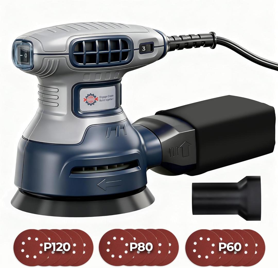 5-Inch Random Orbital Sander, 3Amp Electric Corded Palm Sander with 6 Speeds (6000-13000 OPM), Dustless Dust Bag & Vacuum Adapter, 15 Sandpapers for Woodworking, Furniture Refinishing, Paint Removal