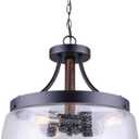 Molly 3-Light 16" Chandelier - Seeded Glass, Dual Mount, 100W Type A, Black and Wood Finish, 16" W x 14.75" H, Versatile Lighting for Living Spaces