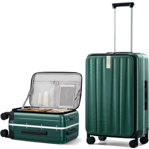 Hanke 24 Inch Checked Luggage Front Opening Rolling Suitcase Hard Sided Luggage with Spinner Wheels Travel Luggagefor Woman Men.(Dark Green)