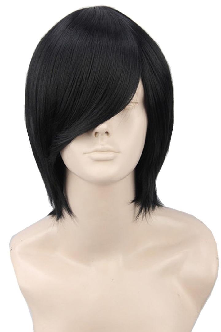 Topcosplay Unisex Short Black Wigs Straight Cosplay Halloween Costumes Wig With Bangs Bob Wig
