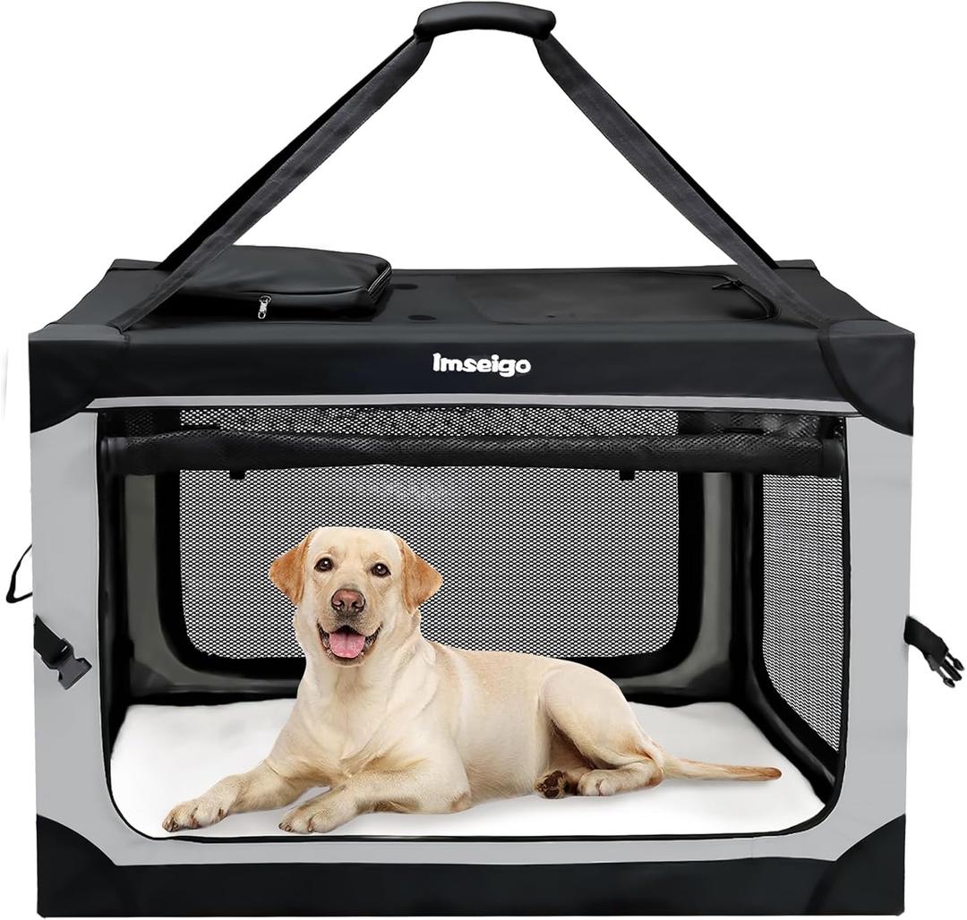 Collapsible Dog Crate, Portable Soft Dog Crate with Fleece Bed for Medium Dog, Folding Travel Carrier Kennel with 3-Door Mesh Windows for Indoor &Outdoor (X-Large, Black&Grey)