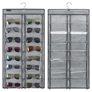 ANZORG Dual Sided Hanging Sunglasses Organizer Wall Eyeglass Holder Sunglass Rack for Home with 32 Dust Proof Pockets (32 Pockets-Grey)