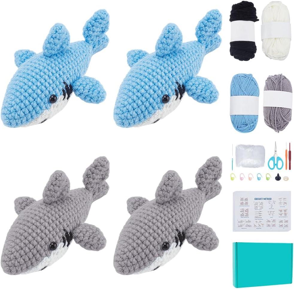 ORIGACH 4 Sets Crochet Shark Kit for Beginner Adults, Handmade Shark Starter Crochet kit Complete Crochet Set with Step by Step Video Tutorial Instruction, 5.9 inches x 10.2 inches x 1.5 inches