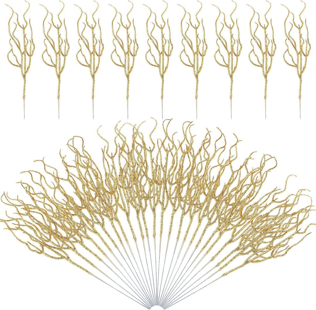 Jutom 30 Pcs Glitter Christmas Tree Pick 13.7 x 2.7 Inch Curly Tall Tree Filler Branches Sprigs and Twigs Decorations for Christmas Vase Xmas Gift Wedding Decoration (Gold)