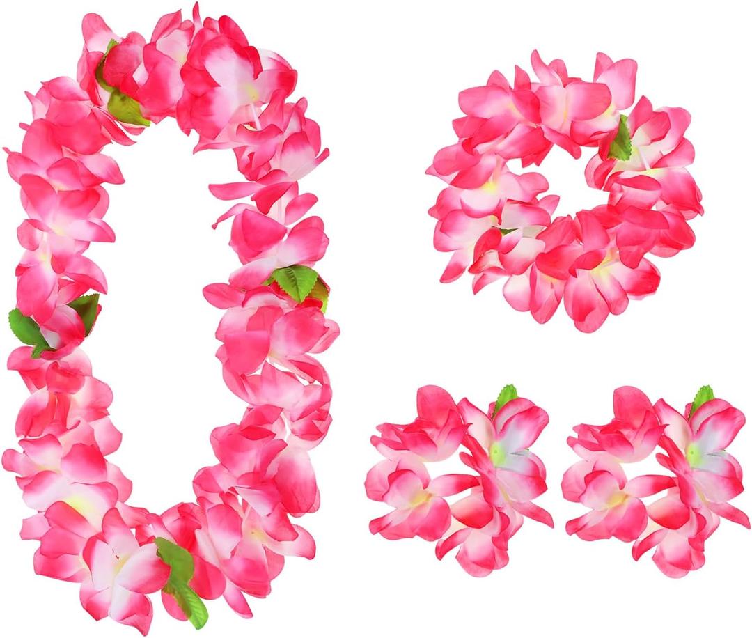 PENTA ANGEL Hawaiin Leis Set for Luau Party 4Pcs Tropical Flower Ribbon Lei for Summer Beach Pool Graduation Dance Party Favor Decoration (Pink)