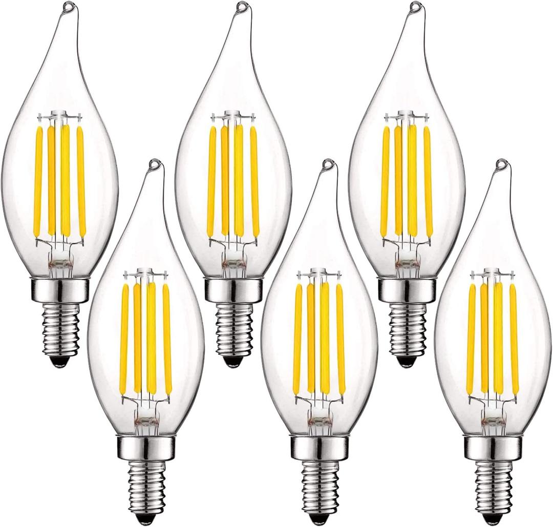 LUXRITE Vintage Candelabra LED Bulb 60W Equivalent, 550 Lumens, 3500K Natural White, LED Chandelier Light Bulbs 5W, Dimmable, Flame Tip Clear Glass, Filament LED Candle Bulbs, E12 Base (6 Pack)