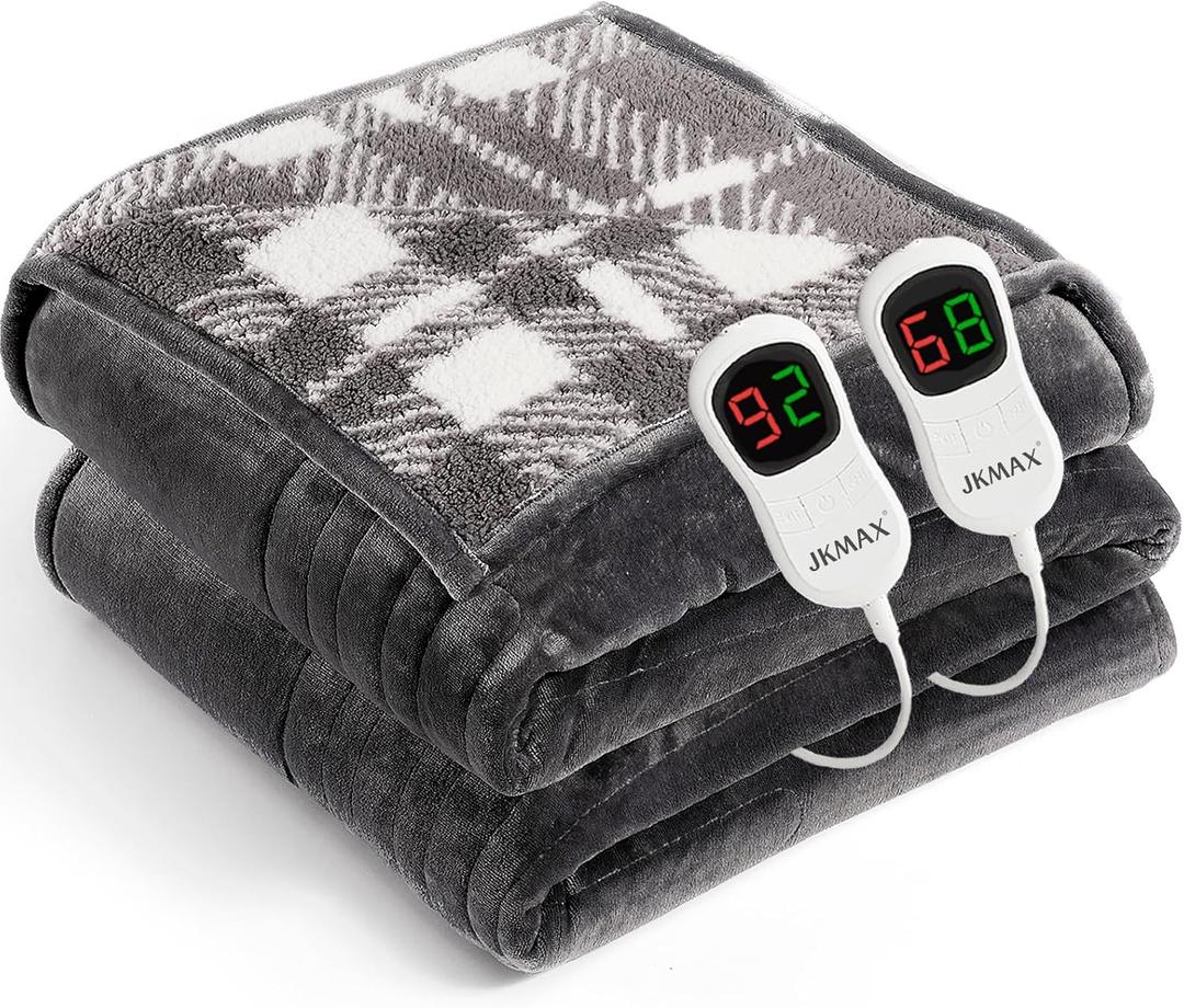 JKMAX Heated Electric Blanket Queen Size - 84"x90" Flannel Heating Blanket with 10 Heating Levels & 5 Time Settings Over-Heat Protection, Winter Warmer for Adults with ETL CertificationGrey
