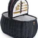 PICNIC TIME Evening Picnic Basket with Service for Two, Handwoven Sustainable Black Wicker Basket with Split-lid Design and Vegan Leather Details, Components Tucked In Lid for Bigger Space (Black)