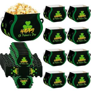 codree 18 Pcs St. Patrick's Day Pot Treat Boxes, St. Patrick's Shamrock Paper Candy Gift Box, Irish Shamrock Cauldron Party Favor Boxes with Handles for St. Patrick Irish Holiday Party Decoration (Green and black)