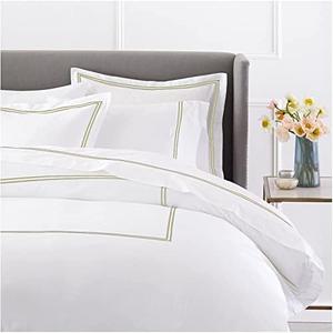 BedDecor Luxury 400-Thread-Count Egyptian Cotton Embroidered Duvet Cover Set with Beautiful 2-Stripe Embroidery Queen Sage Solid