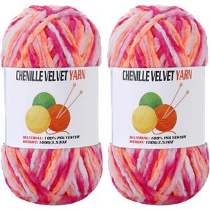 2 * 100g Velvet Chenille Chunky Yarn, Handcrafts Weaving Soft Chenille Yarn for Crocheting Clearance, Used for Making Baby Yarn Blanket, Clothes, Knitting Creations (Colorful - G)
