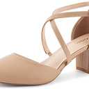 Greatonu Women's Low Block Heeled Dress Pumps Closed Round Toe Cross Strap Wedding Bridal Party Office Shoes 2.5 Inch, Size 9