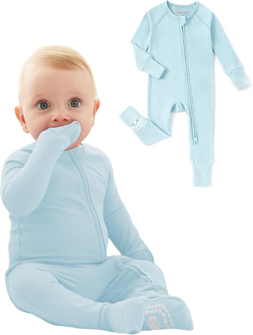 PATPAT Organic Cotton Baby Footie Pajamas with Two-Way Zipper & Fold-Over Mittens, Soft Stretchy Romper for Newborn Boy Girl (6-9 Months, Basic Blue)