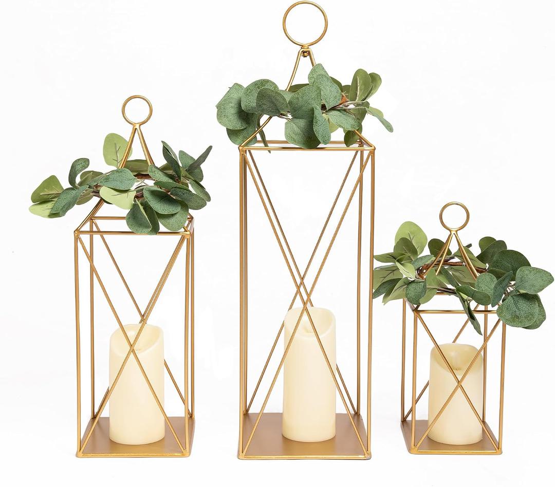 HPC Decor Tall Metal Lantern Decor Set of 3-24" 19" 13" Elegant Decorative Lanterns with Garlands-Modern Gold Candle Lanterns for Garden Porch Decor, Indoor/Outdoor for Wedding Decor, Party, Home Decor, 7"L x 7"W x 23"H