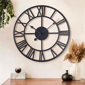 Lafocuse 16 Inch Silent Large Wall Clock Metal, Black Roman Numerals Wall Clocks for Living Room Home Decor