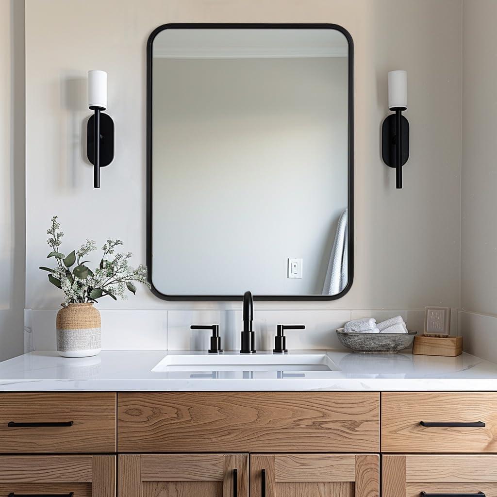ANDY STAR 28x36 INCH Black Bathroom Mirror, Black Bathroom Vanity Mirrors for Wall, Rounded Rectangle Mirror for Bathroom, Tube Metal Frame, 1 Deep Wall Mounted Vertical/Horizontal