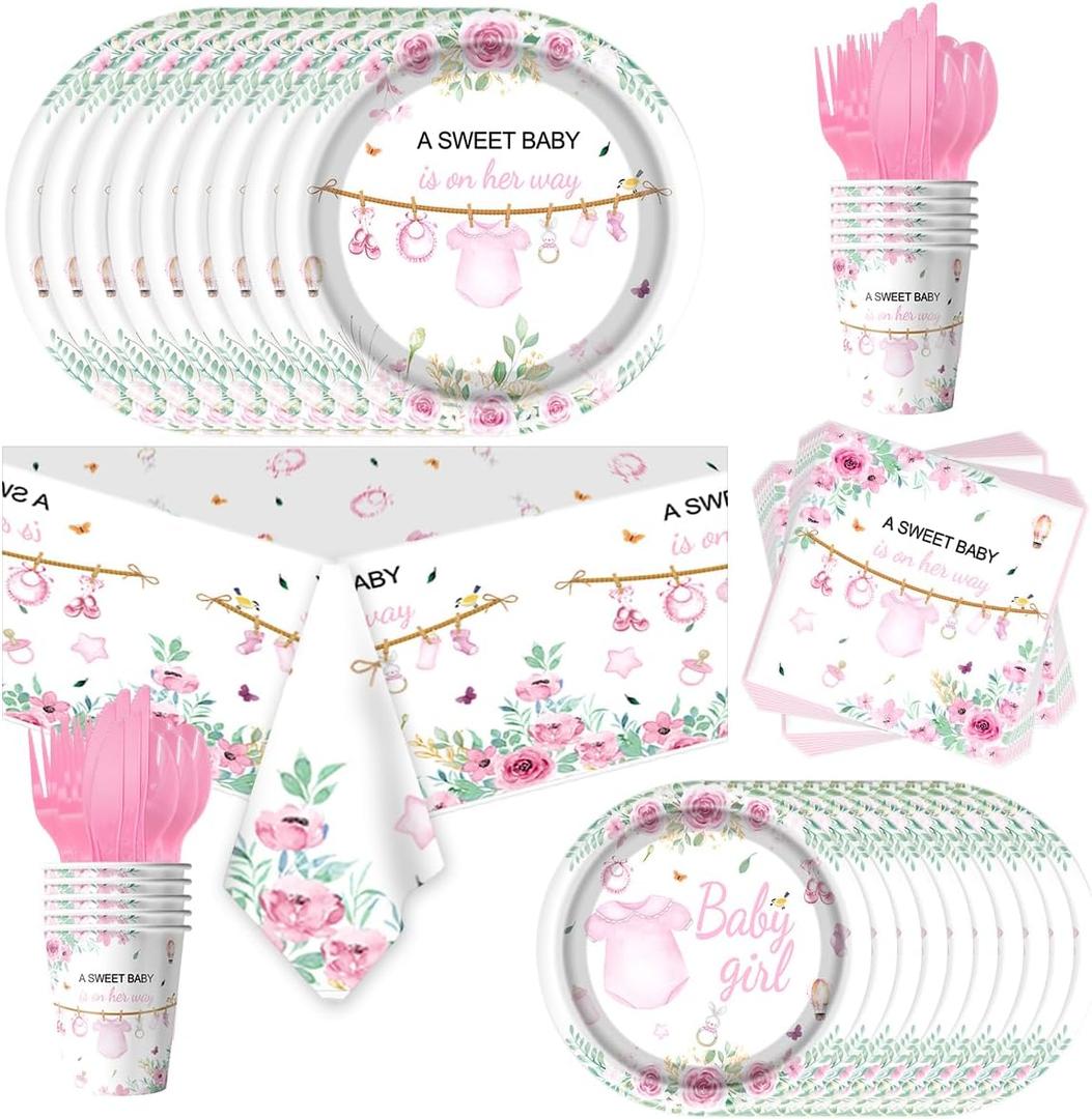 Baby Shower Party Tableware Set, Cute Baby Girl Birthday Party Decorations with Pink Flower Theme Plates, Napkin, Cups, Forks, straws for Girl Baby Shower Gender Reveal Party Supplies