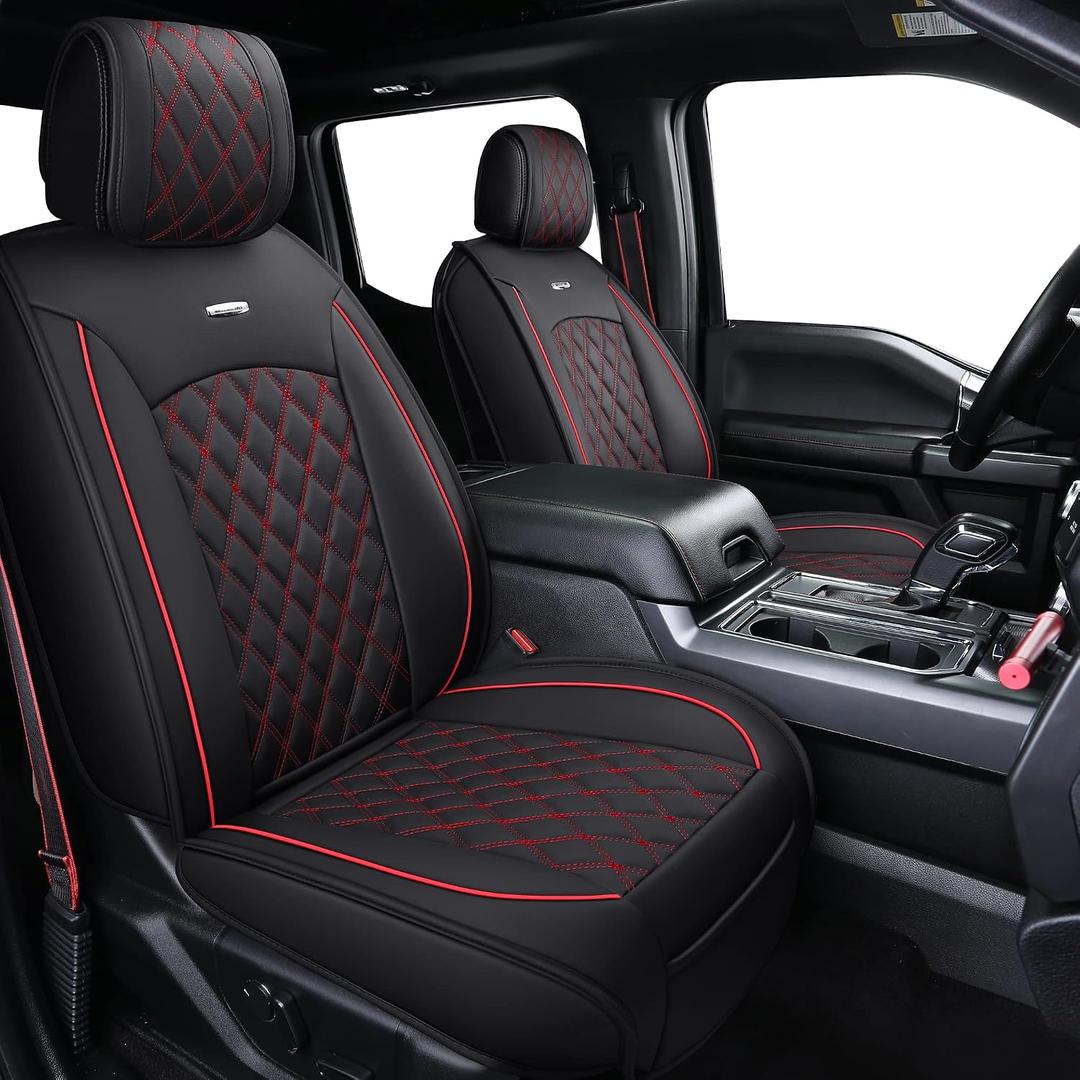 Aierxuan Full Set Car Seat Covers Custom Fit 2009-2026 Ford F150 Crew Cab, 2017-2026 F250 F350 F450 Super Duty Pick-up Truck, Automotive Vehicle Cushion Cover with Waterproof Leather (Black and Red)