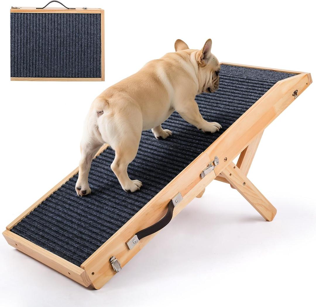 Wood Dog Ramp for Bed, 5-Level Adjustable Height (10" to 21") Pet Ramp with Non-Slip Surface for Couch, Bed and Car, Foldable Dog Stairs for Small, Medium to Large Dogs, Up to 200LBS (Natural)